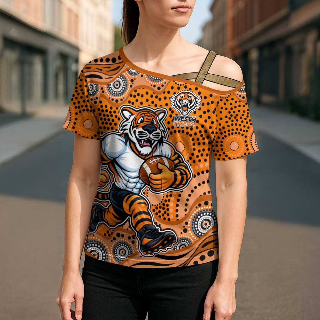 Wests Tigers Cross Shoulder Shirt Aboriginal Dot Pattern - Rugby Mascot Heritage Pride