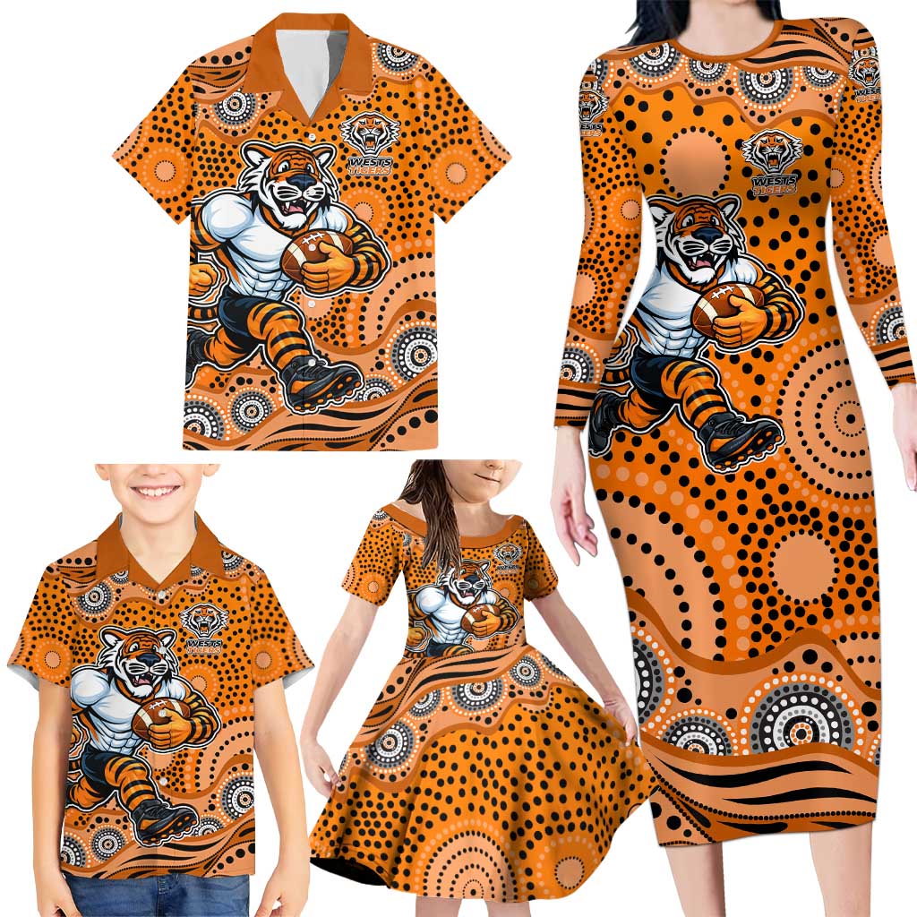 Wests Tigers Family Matching Long Sleeve Bodycon Dress and Hawaiian Shirt Aboriginal Dot Pattern - Rugby Mascot Heritage Pride