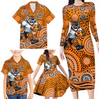 Wests Tigers Family Matching Long Sleeve Bodycon Dress and Hawaiian Shirt Aboriginal Dot Pattern - Rugby Mascot Heritage Pride
