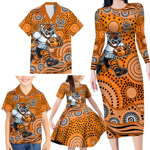 Wests Tigers Family Matching Long Sleeve Bodycon Dress and Hawaiian Shirt Aboriginal Dot Pattern - Rugby Mascot Heritage Pride