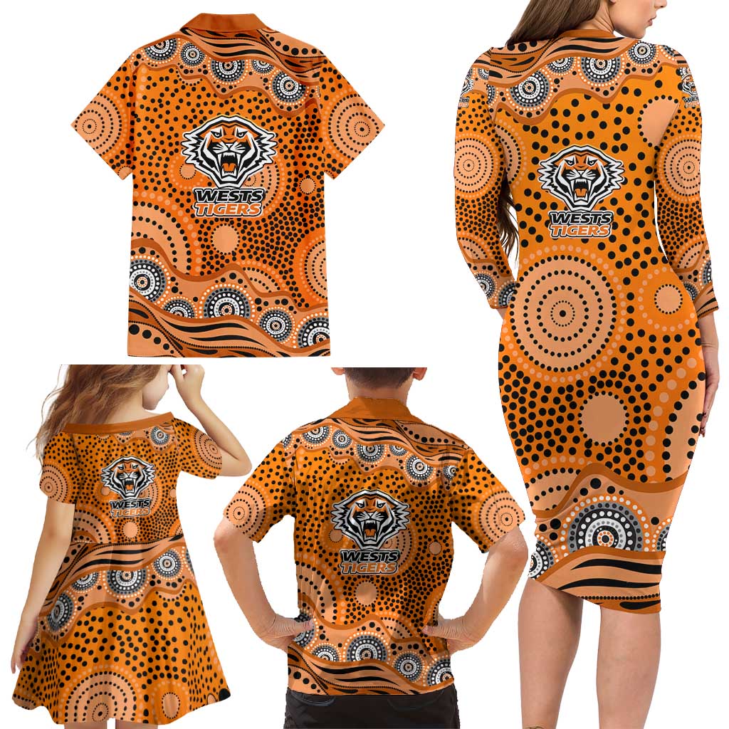 Wests Tigers Family Matching Long Sleeve Bodycon Dress and Hawaiian Shirt Aboriginal Dot Pattern - Rugby Mascot Heritage Pride