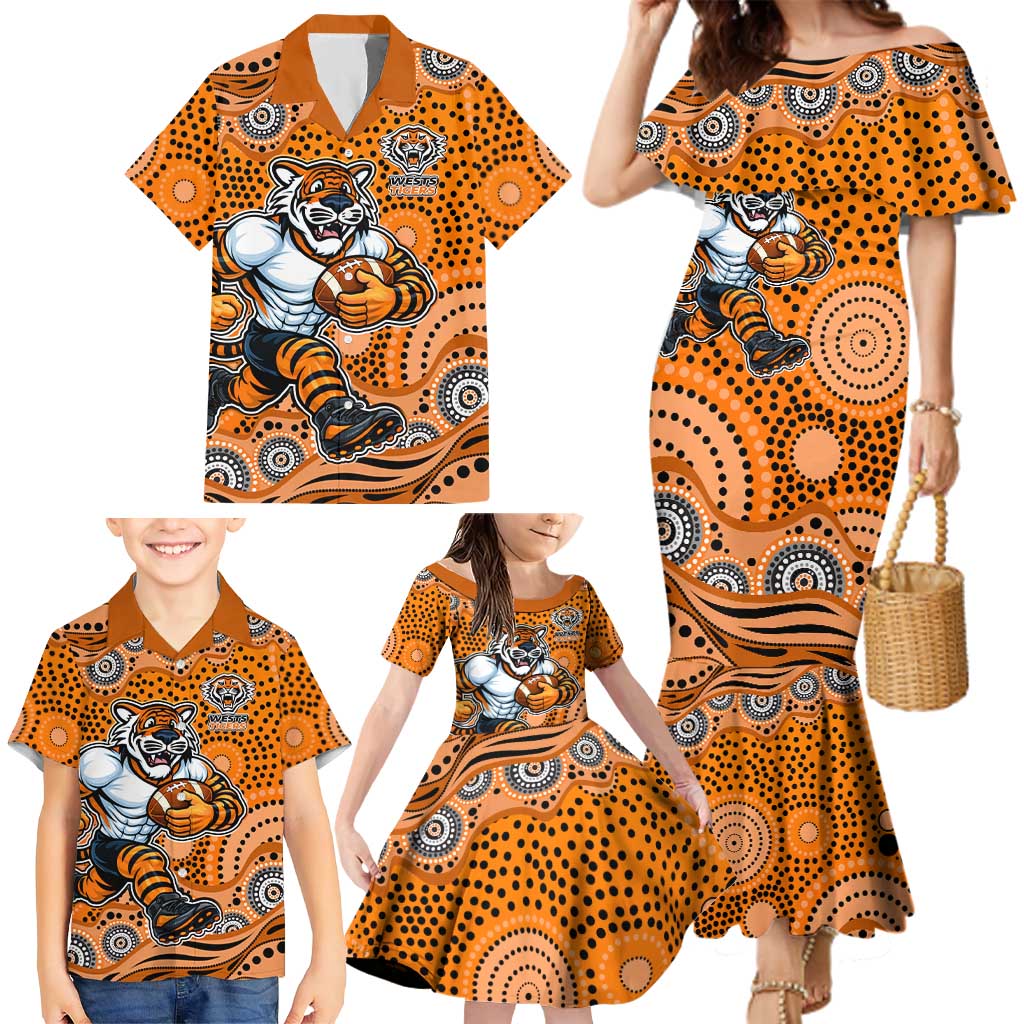 Wests Tigers Family Matching Mermaid Dress and Hawaiian Shirt Aboriginal Dot Pattern - Rugby Mascot Heritage Pride