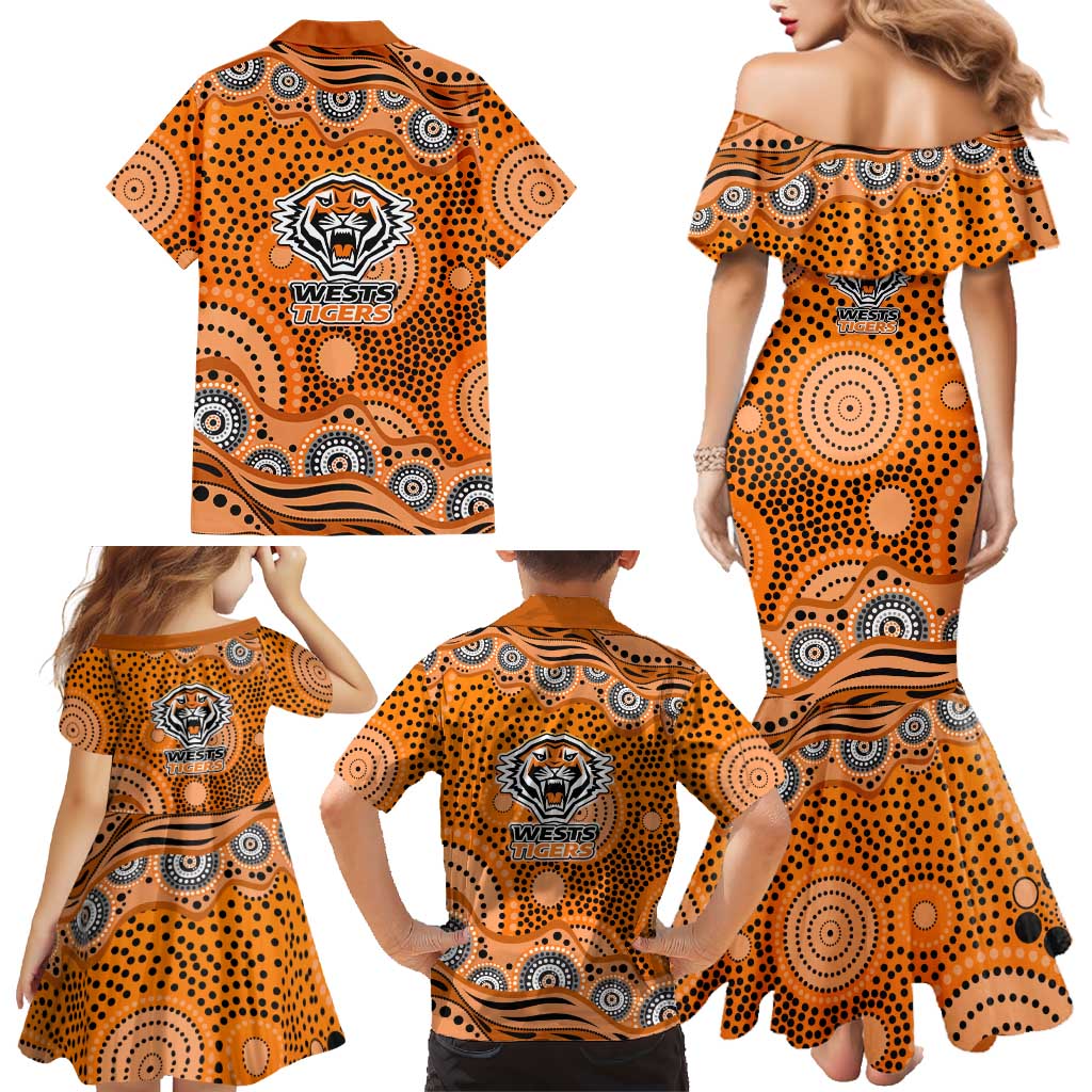 Wests Tigers Family Matching Mermaid Dress and Hawaiian Shirt Aboriginal Dot Pattern - Rugby Mascot Heritage Pride