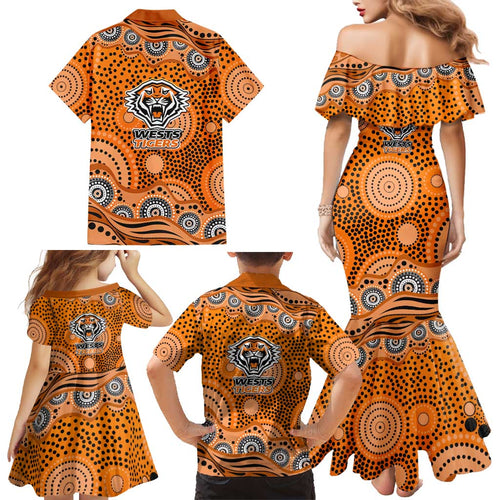 Wests Tigers Family Matching Mermaid Dress and Hawaiian Shirt Aboriginal Dot Pattern - Rugby Mascot Heritage Pride