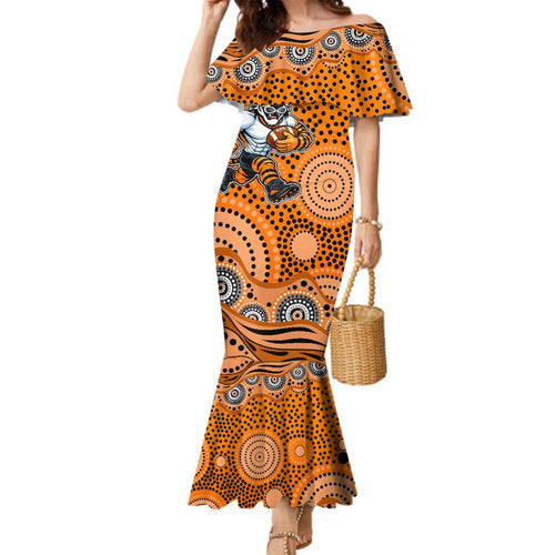Wests Tigers Family Matching Mermaid Dress and Hawaiian Shirt Aboriginal Dot Pattern - Rugby Mascot Heritage Pride