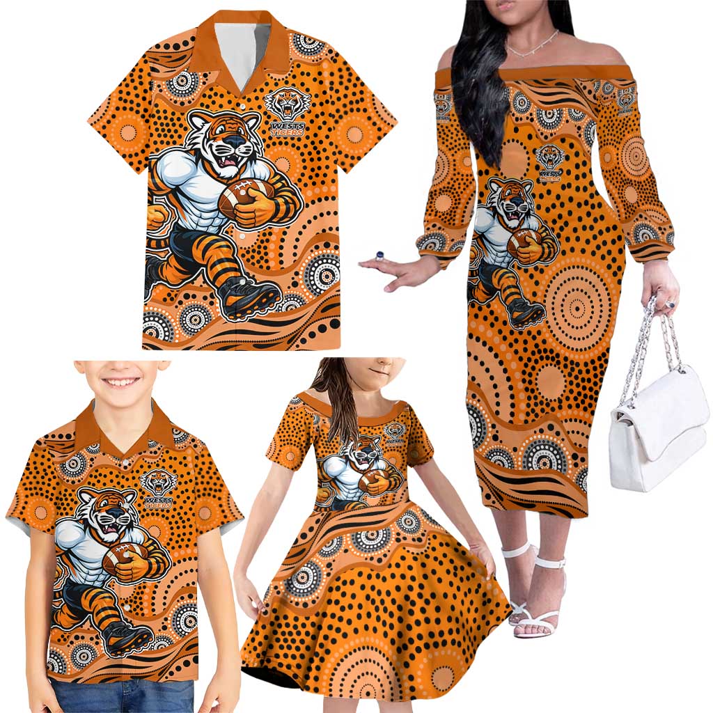 Wests Tigers Family Matching Off The Shoulder Long Sleeve Dress and Hawaiian Shirt Aboriginal Dot Pattern - Rugby Mascot Heritage Pride