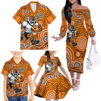 Wests Tigers Family Matching Off The Shoulder Long Sleeve Dress and Hawaiian Shirt Aboriginal Dot Pattern - Rugby Mascot Heritage Pride