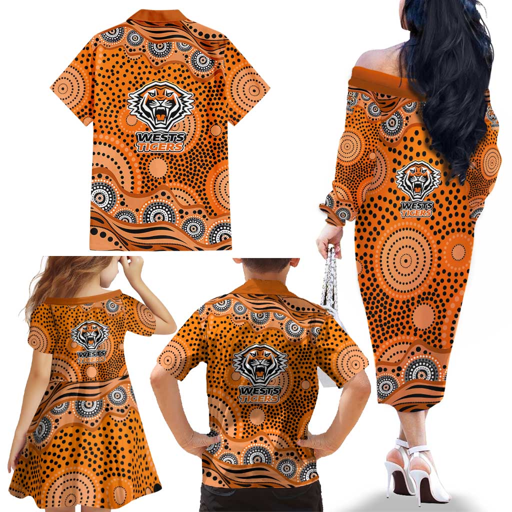 Wests Tigers Family Matching Off The Shoulder Long Sleeve Dress and Hawaiian Shirt Aboriginal Dot Pattern - Rugby Mascot Heritage Pride