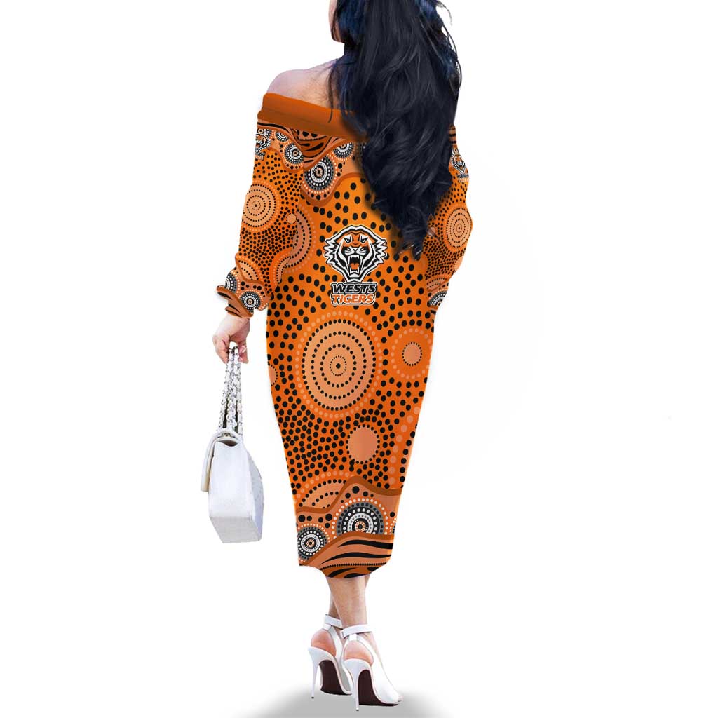 Wests Tigers Family Matching Off The Shoulder Long Sleeve Dress and Hawaiian Shirt Aboriginal Dot Pattern - Rugby Mascot Heritage Pride