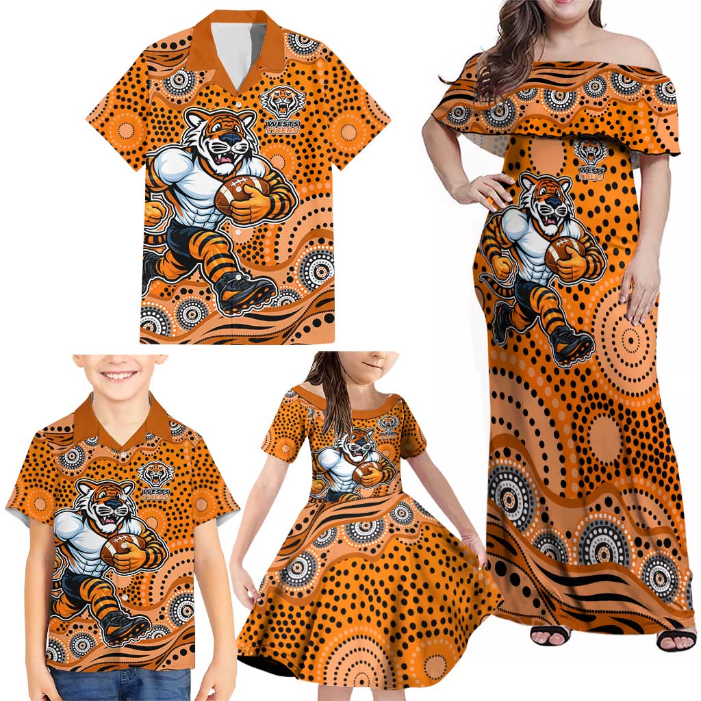 Wests Tigers Family Matching Off Shoulder Maxi Dress and Hawaiian Shirt Aboriginal Dot Pattern - Rugby Mascot Heritage Pride