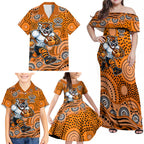 Wests Tigers Family Matching Off Shoulder Maxi Dress and Hawaiian Shirt Aboriginal Dot Pattern - Rugby Mascot Heritage Pride
