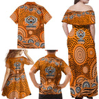 Wests Tigers Family Matching Off Shoulder Maxi Dress and Hawaiian Shirt Aboriginal Dot Pattern - Rugby Mascot Heritage Pride