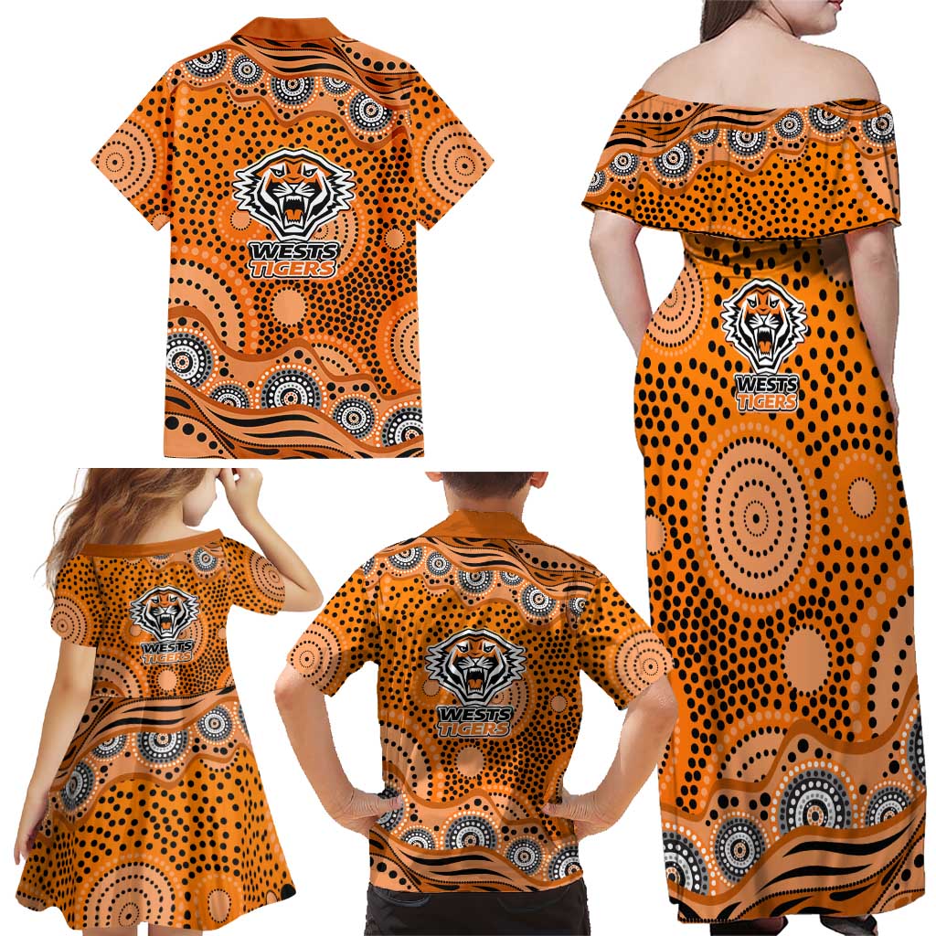 Wests Tigers Family Matching Off Shoulder Maxi Dress and Hawaiian Shirt Aboriginal Dot Pattern - Rugby Mascot Heritage Pride