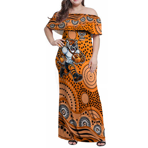 Wests Tigers Family Matching Off Shoulder Maxi Dress and Hawaiian Shirt Aboriginal Dot Pattern - Rugby Mascot Heritage Pride