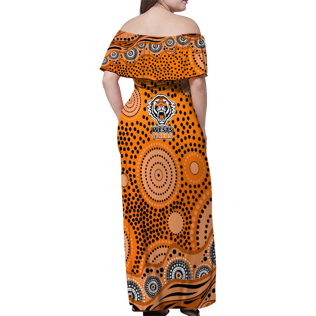 Wests Tigers Family Matching Off Shoulder Maxi Dress and Hawaiian Shirt Aboriginal Dot Pattern - Rugby Mascot Heritage Pride