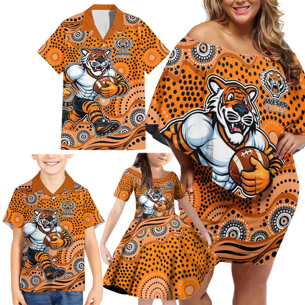 Wests Tigers Family Matching Off Shoulder Short Dress and Hawaiian Shirt Aboriginal Dot Pattern - Rugby Mascot Heritage Pride