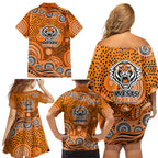 Wests Tigers Family Matching Off Shoulder Short Dress and Hawaiian Shirt Aboriginal Dot Pattern - Rugby Mascot Heritage Pride