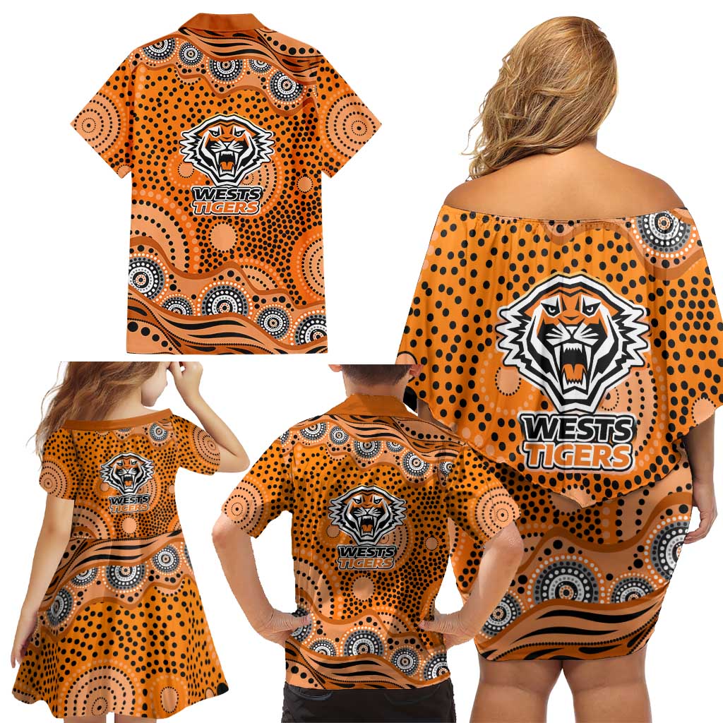 Wests Tigers Family Matching Off Shoulder Short Dress and Hawaiian Shirt Aboriginal Dot Pattern - Rugby Mascot Heritage Pride