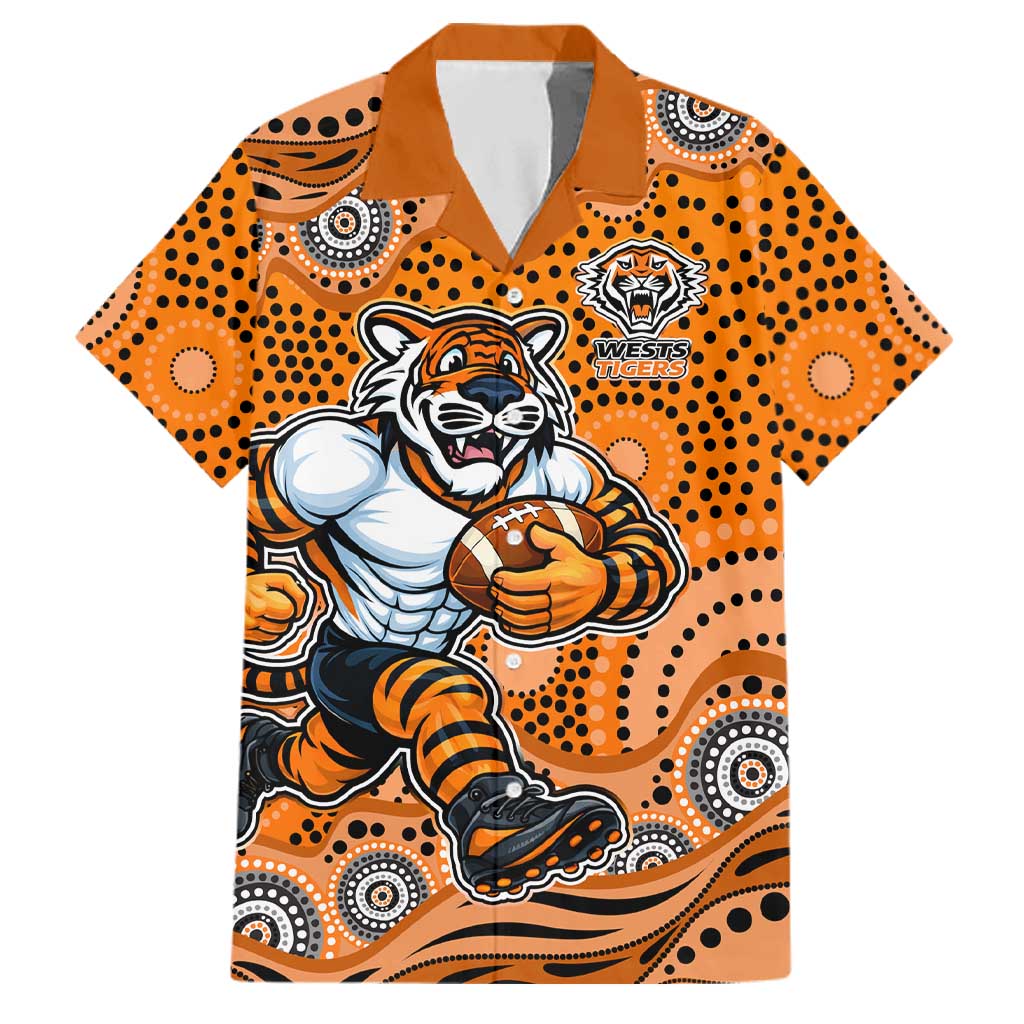 Wests Tigers Family Matching Off Shoulder Short Dress and Hawaiian Shirt Aboriginal Dot Pattern - Rugby Mascot Heritage Pride
