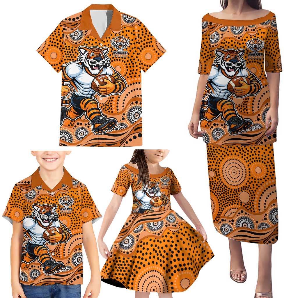 Wests Tigers Family Matching Puletasi and Hawaiian Shirt Aboriginal Dot Pattern - Rugby Mascot Heritage Pride