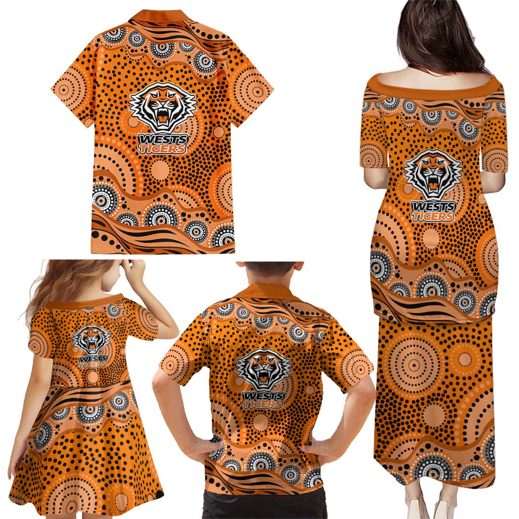 Wests Tigers Family Matching Puletasi and Hawaiian Shirt Aboriginal Dot Pattern - Rugby Mascot Heritage Pride