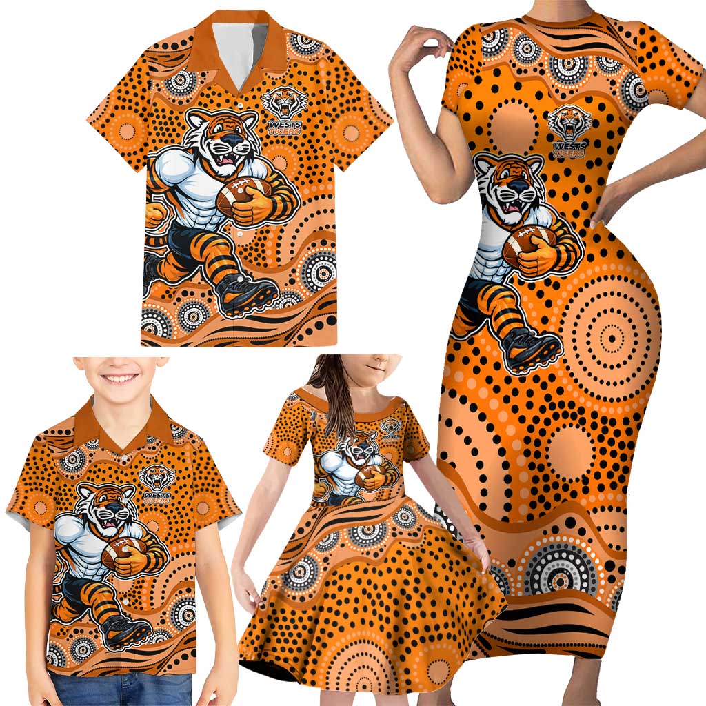 Wests Tigers Family Matching Short Sleeve Bodycon Dress and Hawaiian Shirt Aboriginal Dot Pattern - Rugby Mascot Heritage Pride
