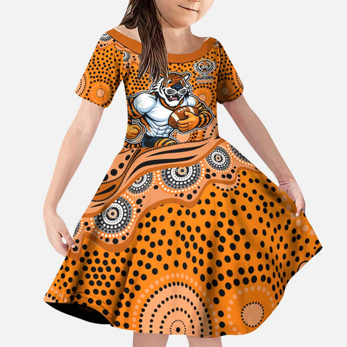 Wests Tigers Family Matching Short Sleeve Bodycon Dress and Hawaiian Shirt Aboriginal Dot Pattern - Rugby Mascot Heritage Pride