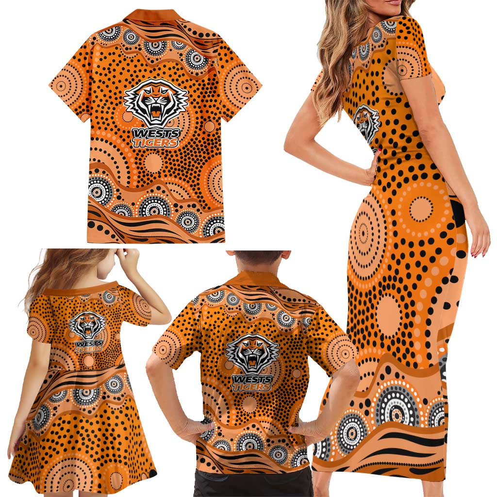 Wests Tigers Family Matching Short Sleeve Bodycon Dress and Hawaiian Shirt Aboriginal Dot Pattern - Rugby Mascot Heritage Pride