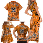 Wests Tigers Family Matching Short Sleeve Bodycon Dress and Hawaiian Shirt Aboriginal Dot Pattern - Rugby Mascot Heritage Pride