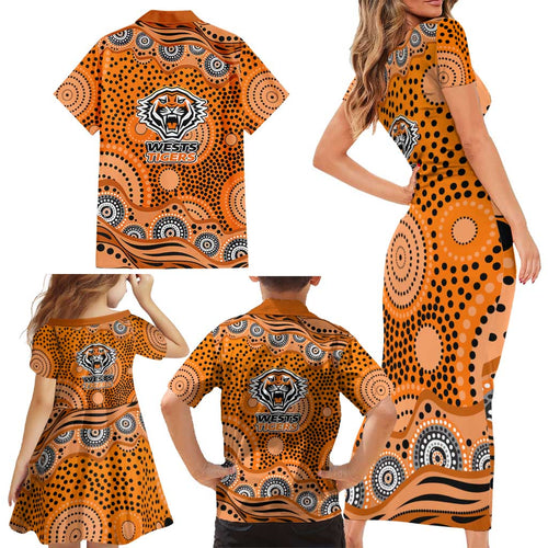 Wests Tigers Family Matching Short Sleeve Bodycon Dress and Hawaiian Shirt Aboriginal Dot Pattern - Rugby Mascot Heritage Pride
