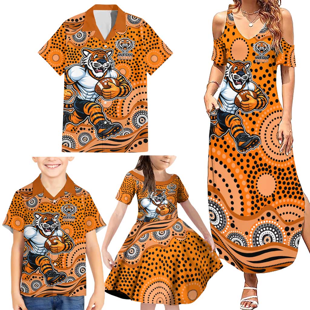 Wests Tigers Family Matching Summer Maxi Dress and Hawaiian Shirt Aboriginal Dot Pattern - Rugby Mascot Heritage Pride