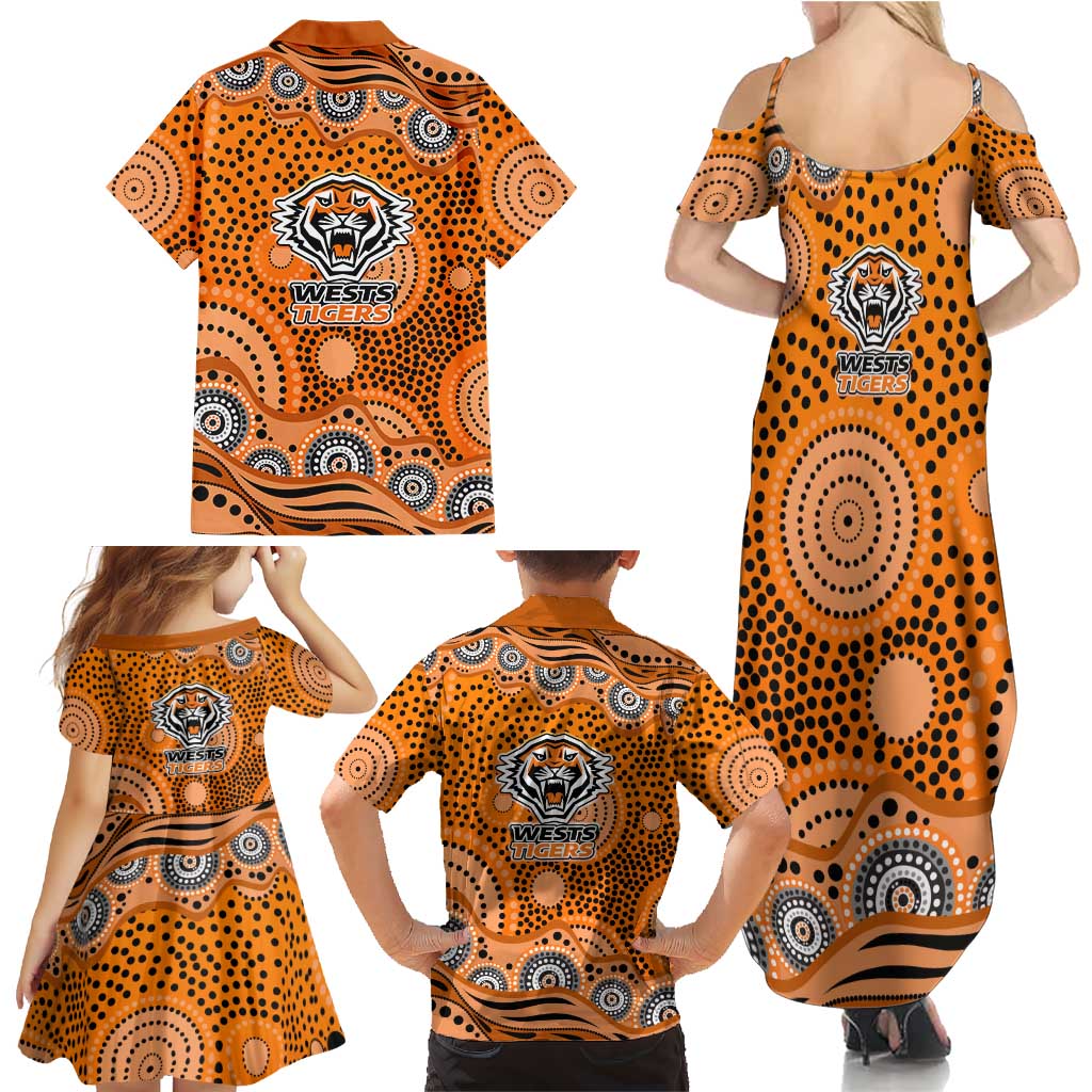 Wests Tigers Family Matching Summer Maxi Dress and Hawaiian Shirt Aboriginal Dot Pattern - Rugby Mascot Heritage Pride