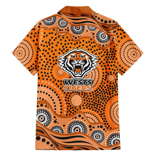 Wests Tigers Family Matching Summer Maxi Dress and Hawaiian Shirt Aboriginal Dot Pattern - Rugby Mascot Heritage Pride