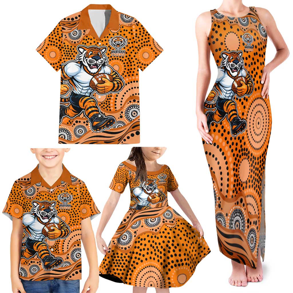 Wests Tigers Family Matching Tank Maxi Dress and Hawaiian Shirt Aboriginal Dot Pattern - Rugby Mascot Heritage Pride
