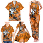 Wests Tigers Family Matching Tank Maxi Dress and Hawaiian Shirt Aboriginal Dot Pattern - Rugby Mascot Heritage Pride