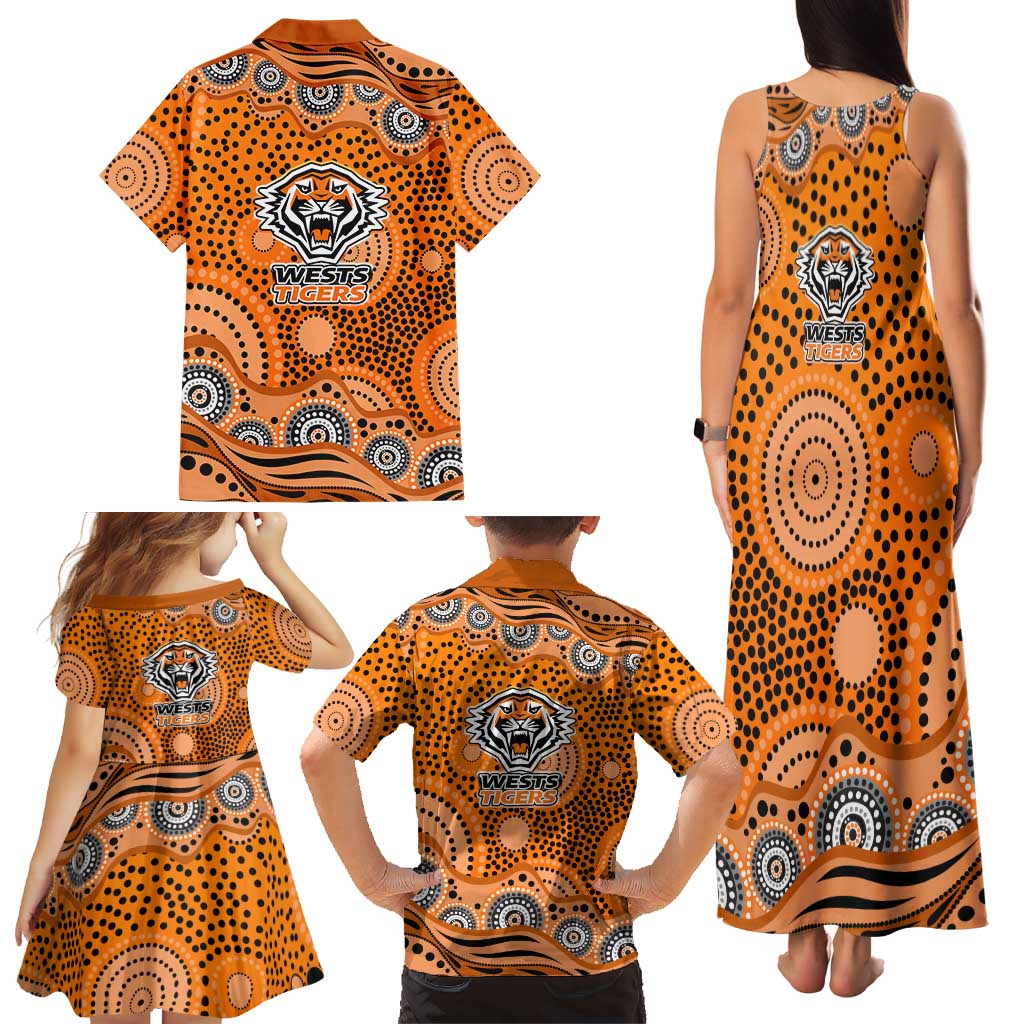 Wests Tigers Family Matching Tank Maxi Dress and Hawaiian Shirt Aboriginal Dot Pattern - Rugby Mascot Heritage Pride