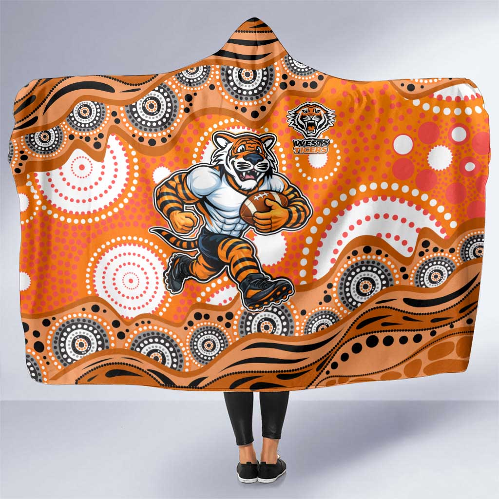 Wests Tigers Hooded Blanket Aboriginal Dot Pattern - Rugby Mascot Heritage Pride