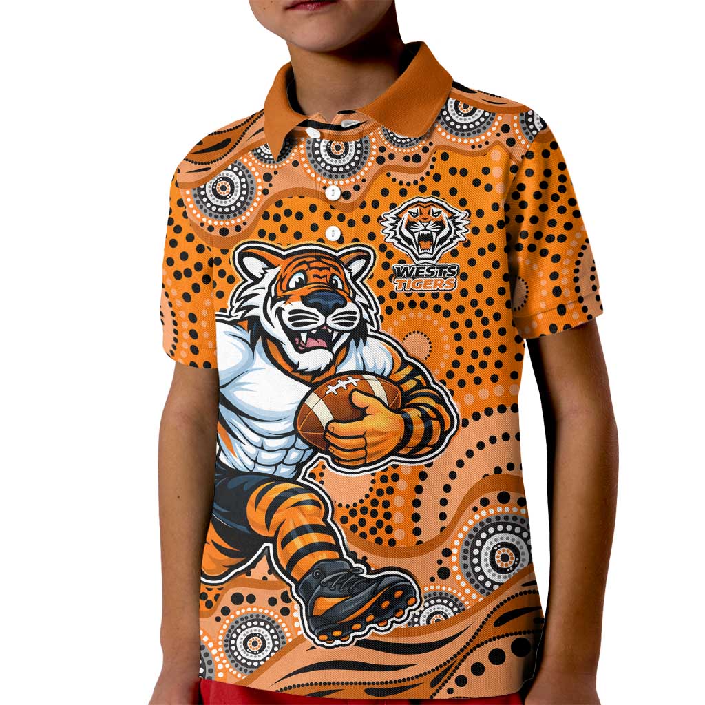 Wests Tigers Kid Polo Shirt Aboriginal Dot Pattern - Rugby Mascot Heritage Pride