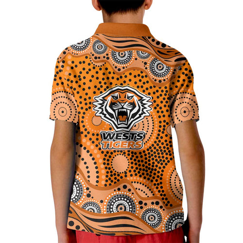 Wests Tigers Kid Polo Shirt Aboriginal Dot Pattern - Rugby Mascot Heritage Pride