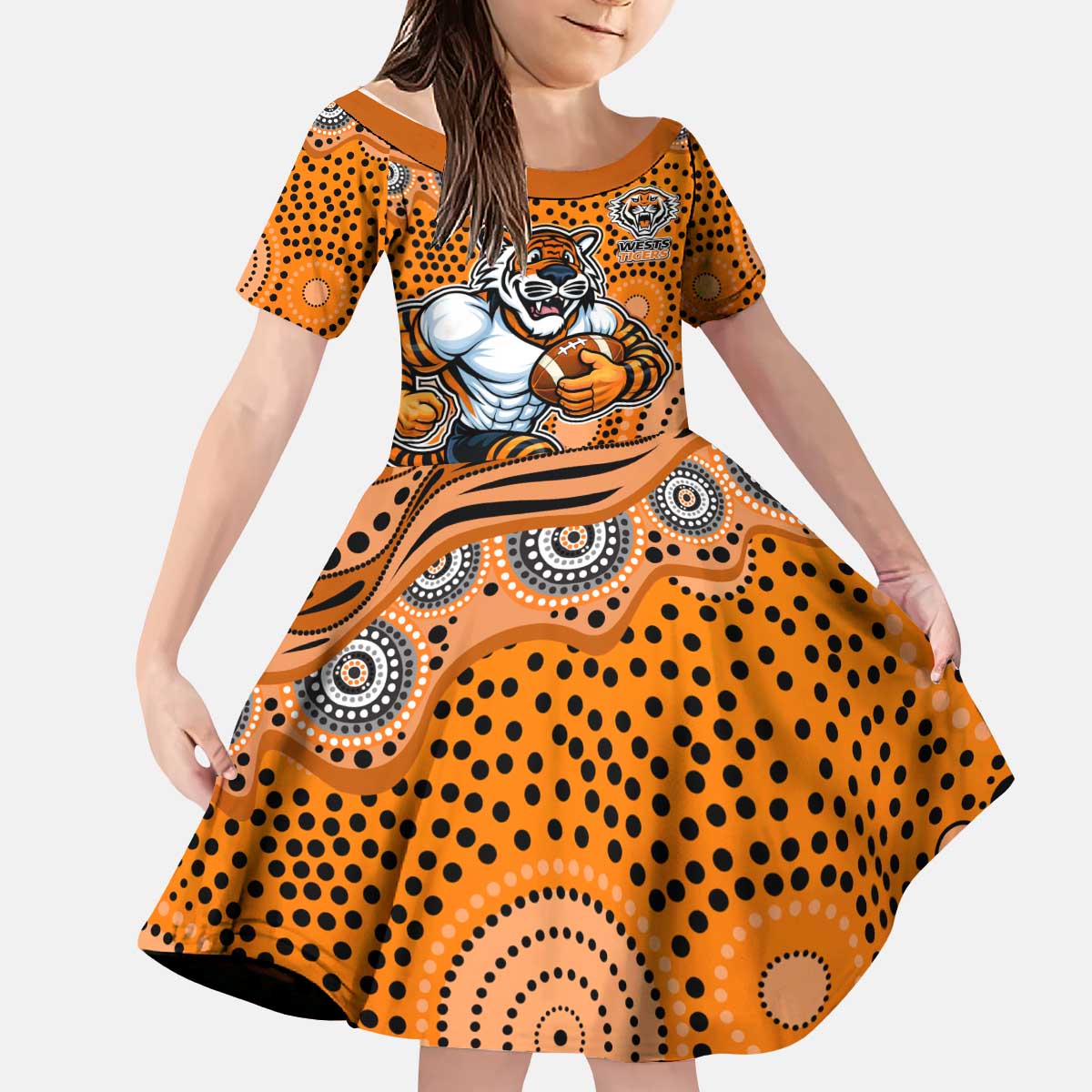 Wests Tigers Kid Short Sleeve Dress Aboriginal Dot Pattern - Rugby Mascot Heritage Pride