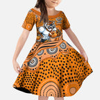Wests Tigers Kid Short Sleeve Dress Aboriginal Dot Pattern - Rugby Mascot Heritage Pride