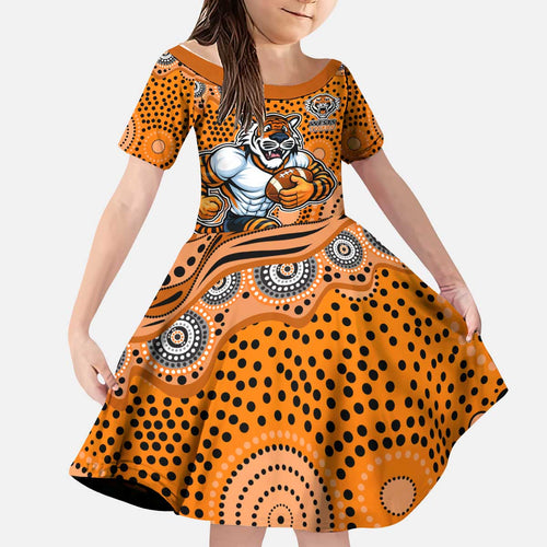 Wests Tigers Kid Short Sleeve Dress Aboriginal Dot Pattern - Rugby Mascot Heritage Pride