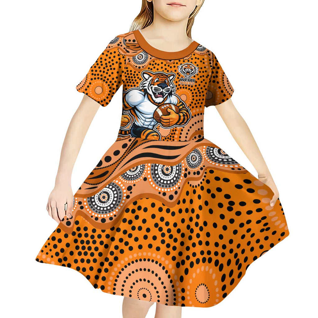 Wests Tigers Kid Short Sleeve Dress Aboriginal Dot Pattern - Rugby Mascot Heritage Pride