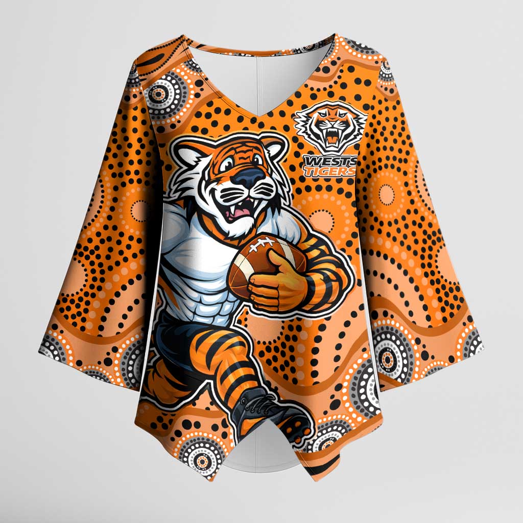 Wests Tigers Kimono Sleeve Blouse Aboriginal Dot Pattern - Rugby Mascot Heritage Pride