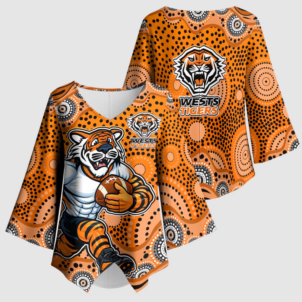 Wests Tigers Kimono Sleeve Blouse Aboriginal Dot Pattern - Rugby Mascot Heritage Pride
