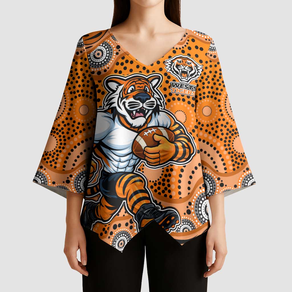 Wests Tigers Kimono Sleeve Blouse Aboriginal Dot Pattern - Rugby Mascot Heritage Pride
