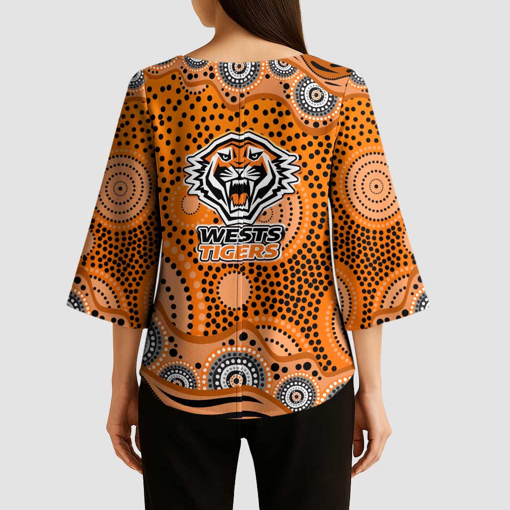 Wests Tigers Kimono Sleeve Blouse Aboriginal Dot Pattern - Rugby Mascot Heritage Pride