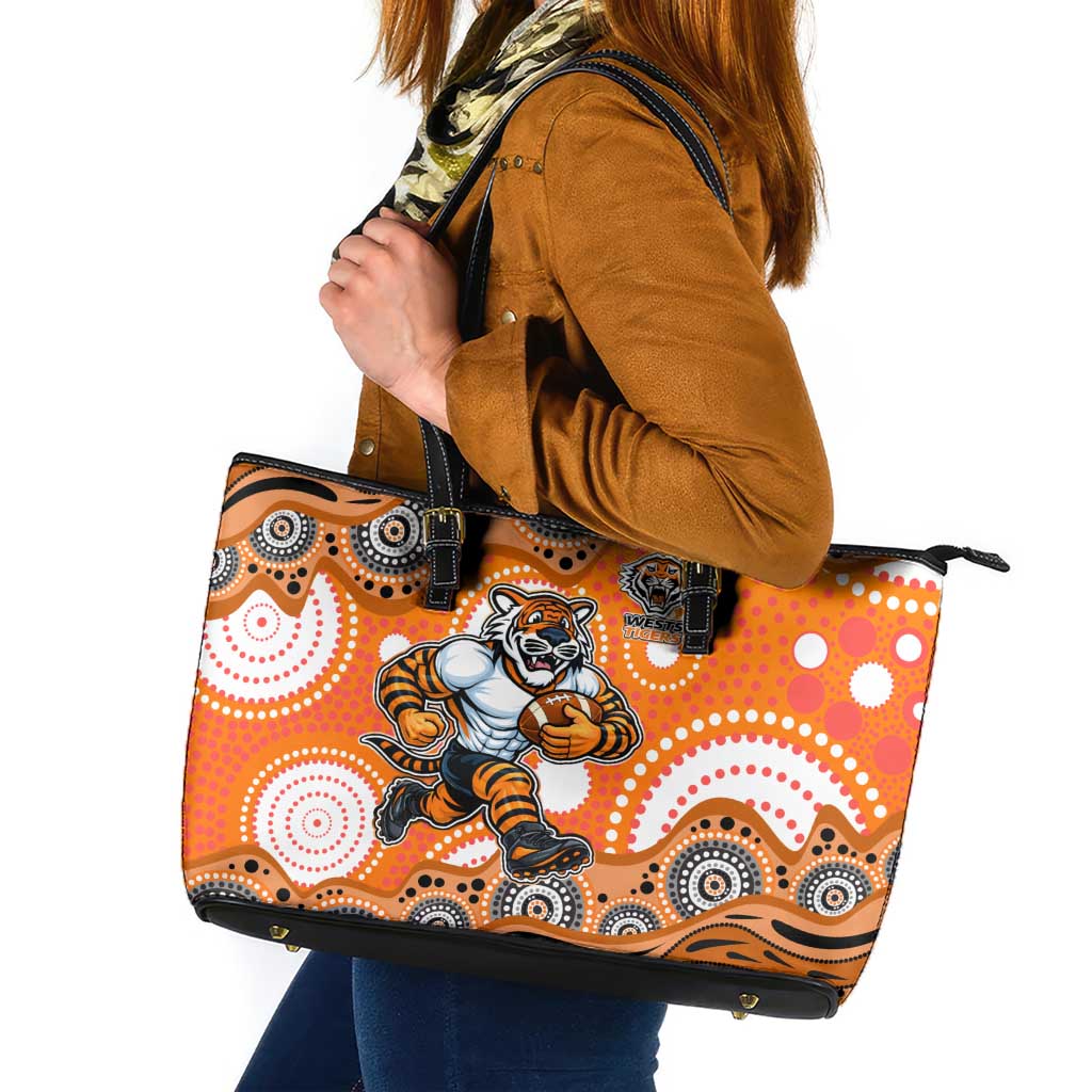 Wests Tigers Leather Tote Bag Aboriginal Dot Pattern - Rugby Mascot Heritage Pride