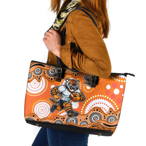 Wests Tigers Leather Tote Bag Aboriginal Dot Pattern - Rugby Mascot Heritage Pride