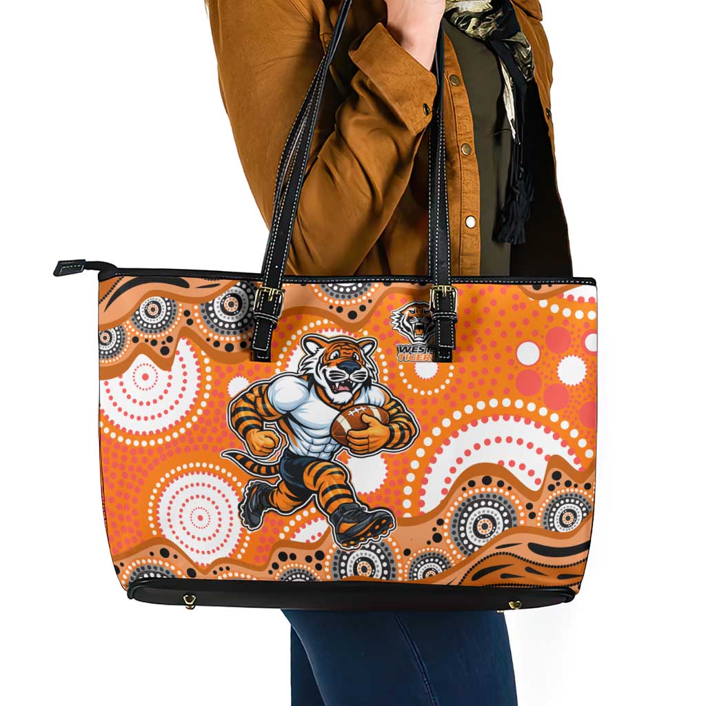 Wests Tigers Leather Tote Bag Aboriginal Dot Pattern - Rugby Mascot Heritage Pride